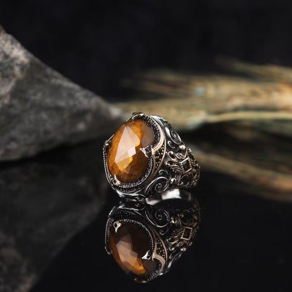 Gental Gems by Karat Kings | Unique Designed Turkish Style Ring with Natural Tiger Eye  |  Sterling Silver Oxidized Ring