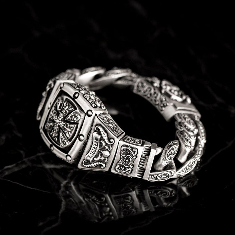 Gental Gems by Karat Kings | 16mm Wide Solid Floral Textured Watch Shape Cross Miami Cuban Link With Artistic Cross Bracelet | Oxidised  Sterling Silver Bracelet