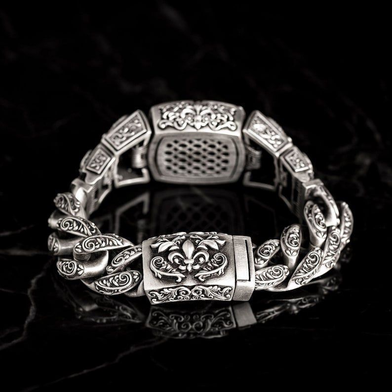 Gental Gems by Karat Kings | 16mm Wide Solid Floral Textured Watch Shape Cross Miami Cuban Link With Artistic Cross Bracelet | Oxidised  Sterling Silver Bracelet