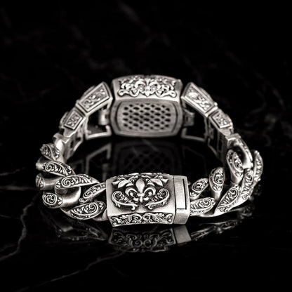 Gental Gems by Karat Kings | 16mm Wide Solid Floral Textured Watch Shape Cross Miami Cuban Link With Artistic Cross Bracelet | Oxidised  Sterling Silver Bracelet