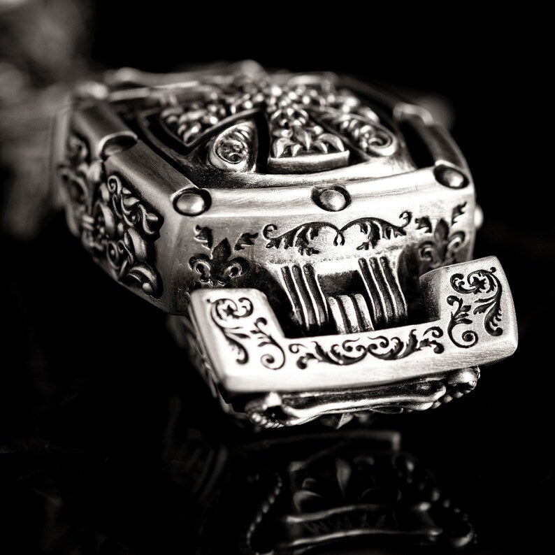Gental Gems by Karat Kings | 16mm Wide Solid Floral Textured Watch Shape Cross Miami Cuban Link With Artistic Cross Bracelet | Oxidised  Sterling Silver Bracelet