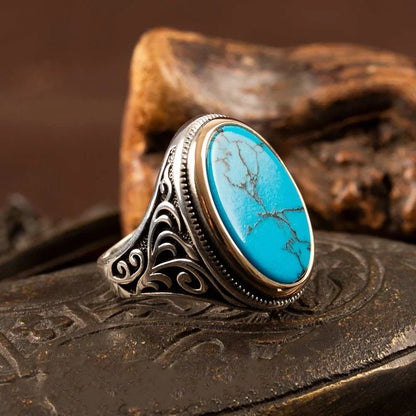 Gental Gems by Karat Kings | Unique Designed Turkish Style Ring with Natural Irani Turquoise (Firoza)|  Sterling Silver Oxidized Ring | Men's Jewelry | With Certificate of Authenticity and  Hallmark