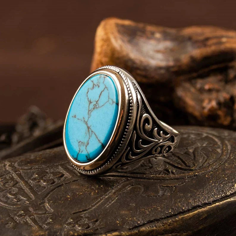 Gental Gems by Karat Kings | Unique Designed Turkish Style Ring with Natural Irani Turquoise (Firoza)|  Sterling Silver Oxidized Ring