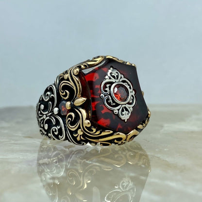 Unique Turkish Style Ring with 8.5 Ct Natural Hessonite (Gomed)|  Sterling Silver Oxidized Ring | Men's Jewelry | With Certificate of Authenticity and  Hallmark