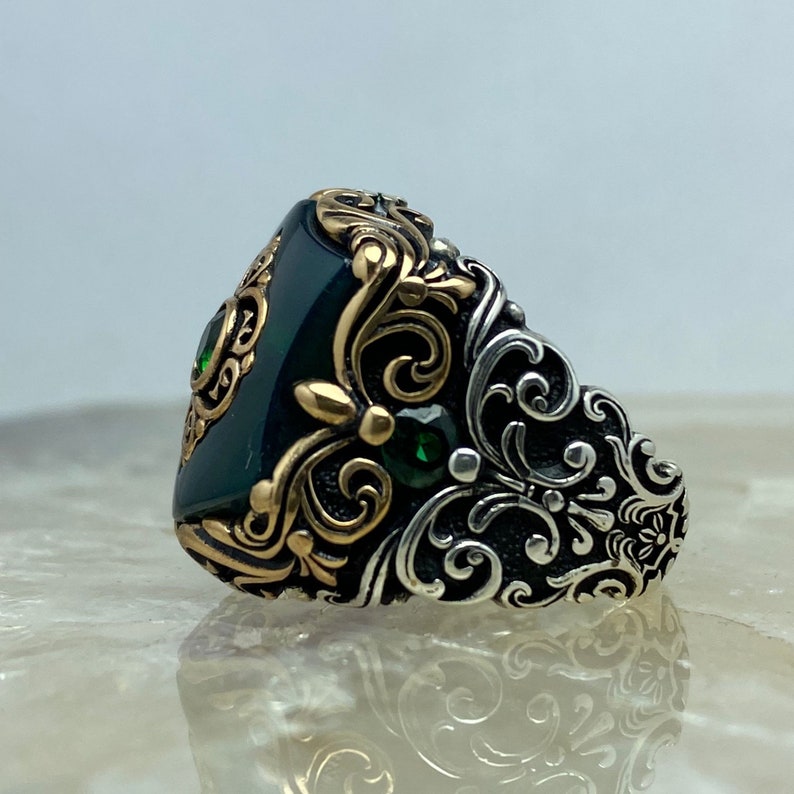 Gental Gems by Karat Kings | Unique Turkish Style Ring with Green Onyx |  Sterling Silver Oxidized Ring
