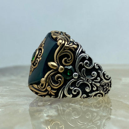 Gental Gems by Karat Kings | Unique Turkish Style Ring with Green Onyx |  Sterling Silver Oxidized Ring