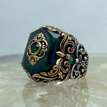 Gental Gems by Karat Kings | Unique Turkish Style Ring with Green Onyx |  Sterling Silver Oxidized Ring