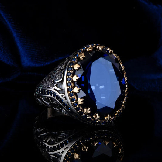 Gental Gems by Karat Kings | Unique Turkish Style Ring with Blue S Sapphire |  Sterling Silver Oxidized Ring | Men's Jewelry | With Certificate of Authenticity and  Hallmark