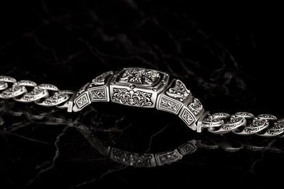 Gental Gems by Karat Kings | 16mm Wide Solid Floral Textured Watch Shape Cross Miami Cuban Link With Artistic Cross Bracelet | Oxidised  Sterling Silver Bracelet