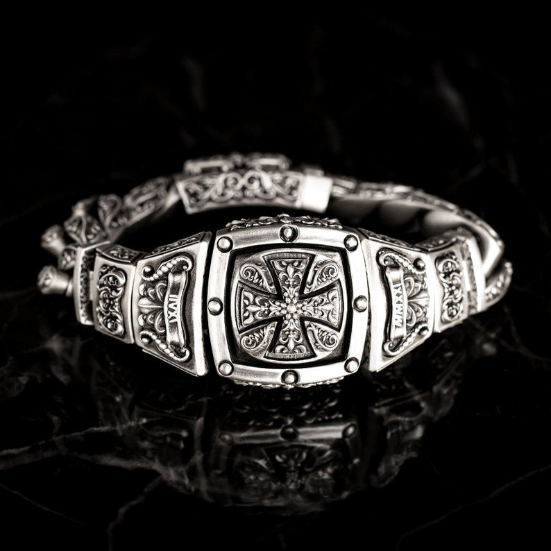 Gental Gems by Karat Kings | 16mm Wide Solid Floral Textured Watch Shape Cross Miami Cuban Link With Artistic Cross Bracelet | Oxidised  Sterling Silver Bracelet