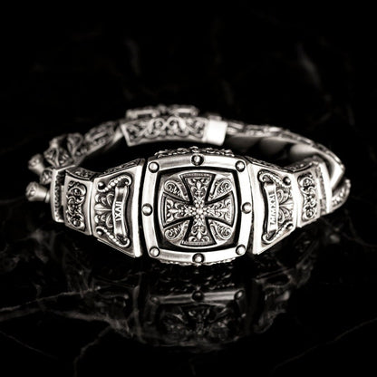 Gental Gems by Karat Kings | 16mm Wide Solid Floral Textured Watch Shape Cross Miami Cuban Link With Artistic Cross Bracelet | Oxidised  Sterling Silver Bracelet