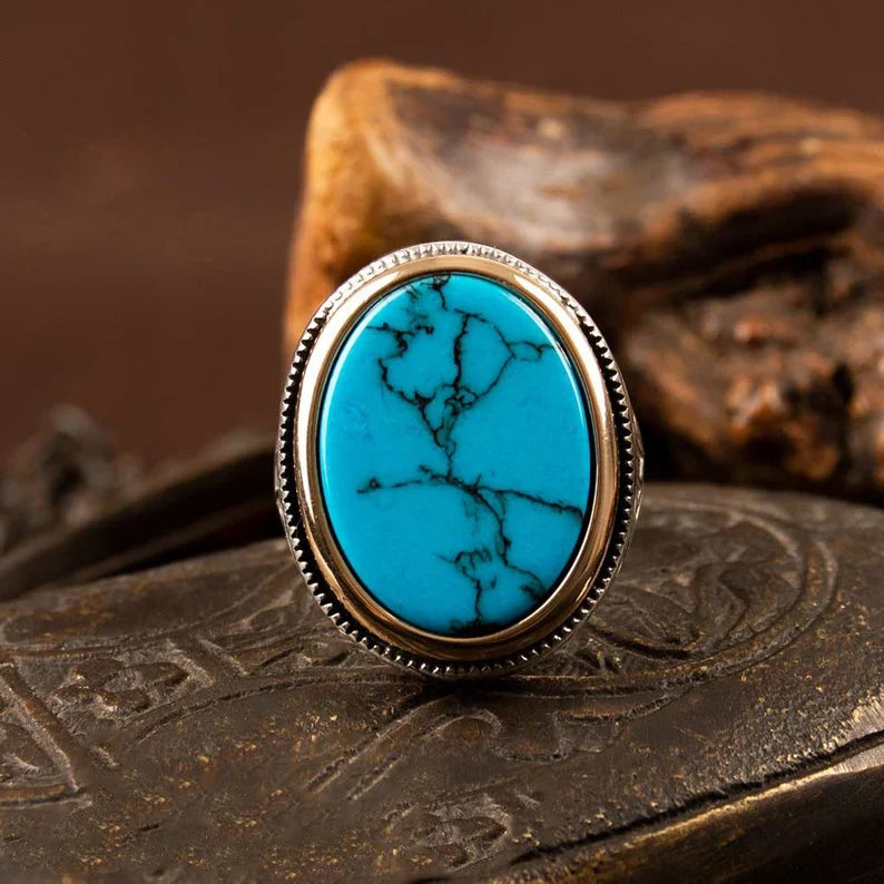 Gental Gems by Karat Kings | Unique Designed Turkish Style Ring with Natural Irani Turquoise (Firoza)|  Sterling Silver Oxidized Ring