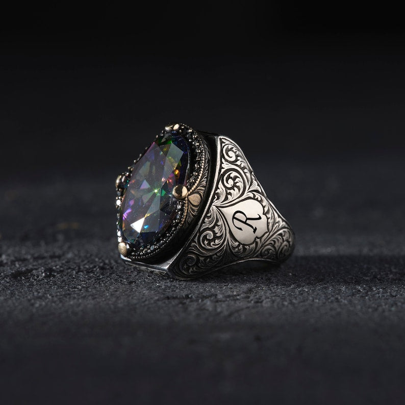 Gental Gems by Karat Kings | Custom Name Initials Turkish Style Ring with Multicolored Alexandrite |  Sterling Silver Oxidized Ring