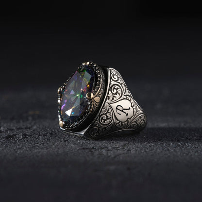 Gental Gems by Karat Kings | Custom Name Initials Turkish Style Ring with Multicolored Alexandrite |  Sterling Silver Oxidized Ring