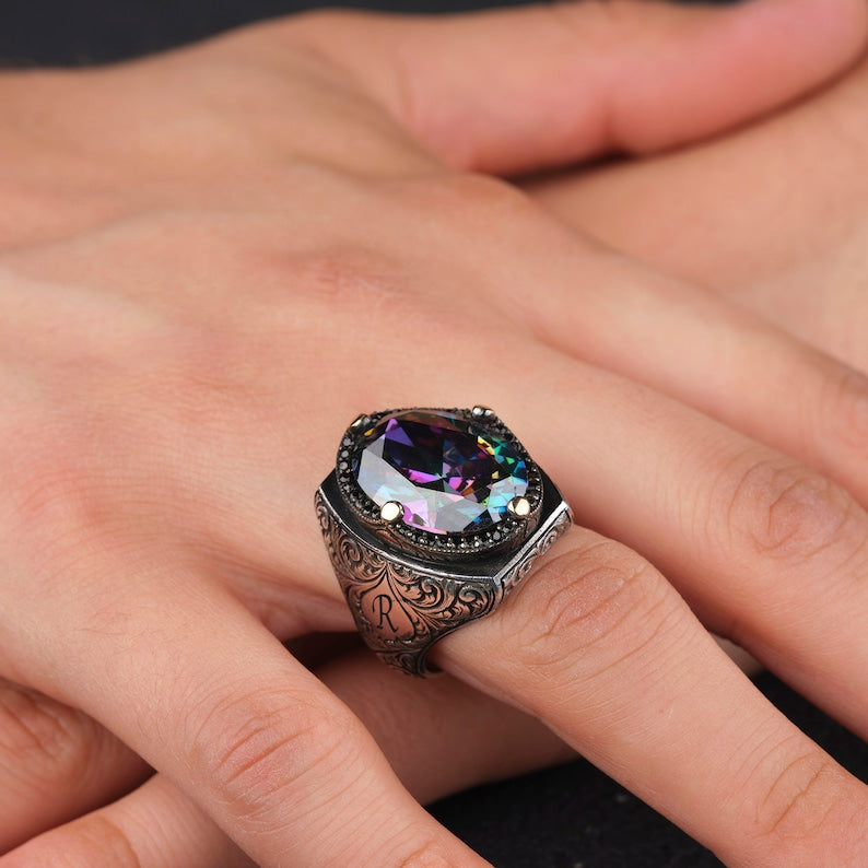Gental Gems by Karat Kings | Custom Name Initials Turkish Style Ring with Multicolored Alexandrite |  Sterling Silver Oxidized Ring