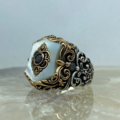 Gental Gems by Karat Kings | Unique Turkish Style Ring with Natural Pearl |  Sterling Silver Oxidized Ring