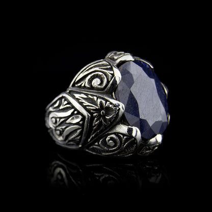 Gental Gems by Karat Kings | Unique Turkish Style Ring with Blue S Sapphire |  Sterling Silver Oxidized Ring