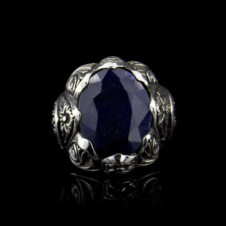 Gental Gems by Karat Kings | Unique Turkish Style Ring with Blue S Sapphire |  Sterling Silver Oxidized Ring