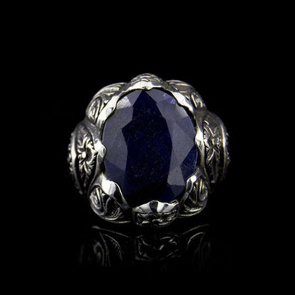 Gental Gems by Karat Kings | Unique Turkish Style Ring with Blue S Sapphire |  Sterling Silver Oxidized Ring