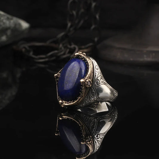 Gental Gems by Karat Kings | Unique Turkish Style Ring with Natural Blue Lapis Lazuli |  Sterling Silver Oxidized Ring | Men's Jewelry | With Certificate of Authenticity and  Hallmark