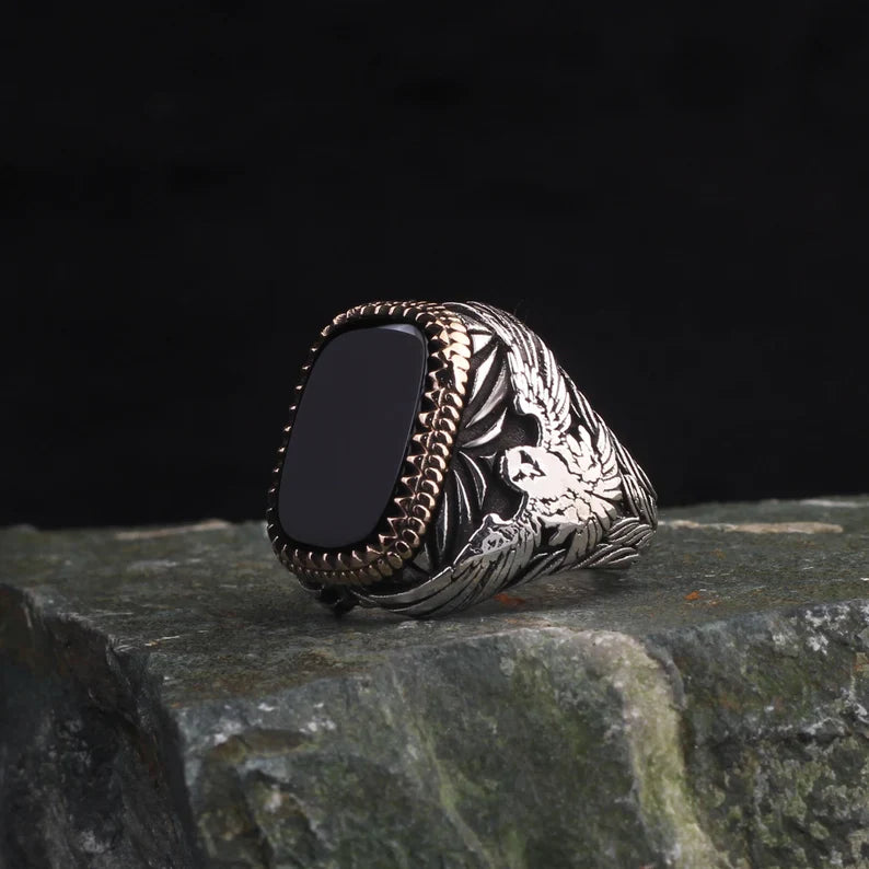 Gental Gems by Karat Kings | Unique  Eagle Designed Turkish Style Ring with Natural Black Onyx | Black Rhodium & Gold Plated  Sterling Silver Ring