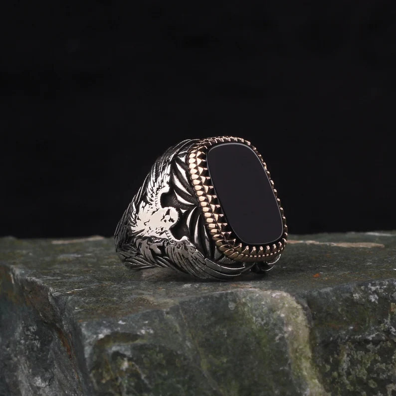 Gental Gems by Karat Kings | Unique  Eagle Designed Turkish Style Ring with Natural Black Onyx | Black Rhodium & Gold Plated  Sterling Silver Ring