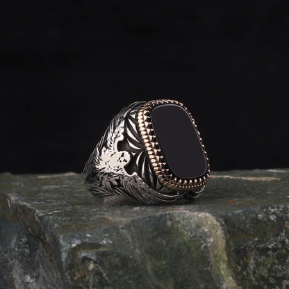 Gental Gems by Karat Kings | Unique  Eagle Designed Turkish Style Ring with Natural Black Onyx | Black Rhodium & Gold Plated  Sterling Silver Ring