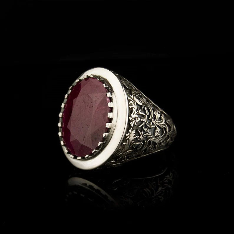 Gental Gems by Karat Kings | Unique Designed Turkish Style Heavy Ring with Natural Red Ruby GOLD PLATED Micron Plated  Sterling Silver Oxidized Ring
