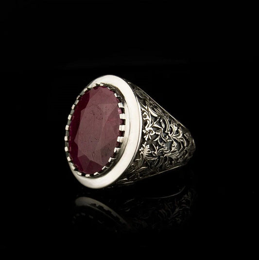 Gental Gems by Karat Kings | Unique Designed Turkish Style Heavy Ring with Natural Red Ruby | 22kt Gold Micron Plated  Sterling Silver Oxidized Ring | Men's Jewelry | With Certificate of Authenticity and  Hallmark