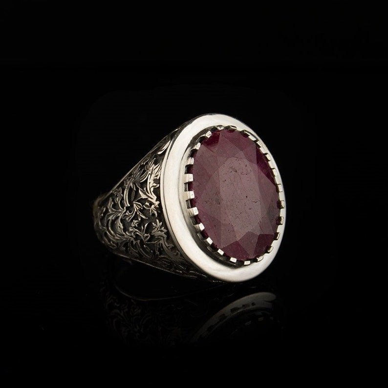 Gental Gems by Karat Kings | Unique Designed Turkish Style Heavy Ring with Natural Red Ruby GOLD PLATED Micron Plated 925 Sterling Silver Oxidized Ring Jewelry Authenticity and 925