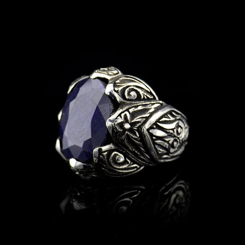 Gental Gems by Karat Kings | Unique Turkish Style Ring with Blue S Sapphire |  Sterling Silver Oxidized Ring