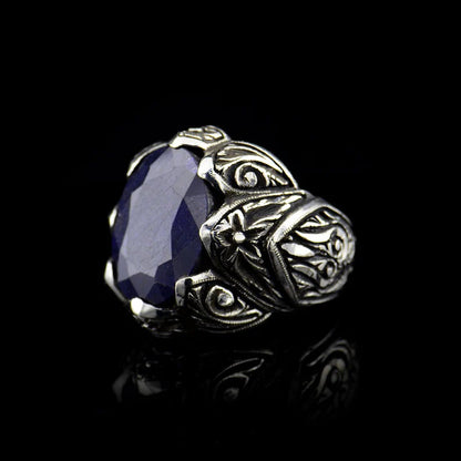 Gental Gems by Karat Kings | Unique Turkish Style Ring with Blue S Sapphire |  Sterling Silver Oxidized Ring