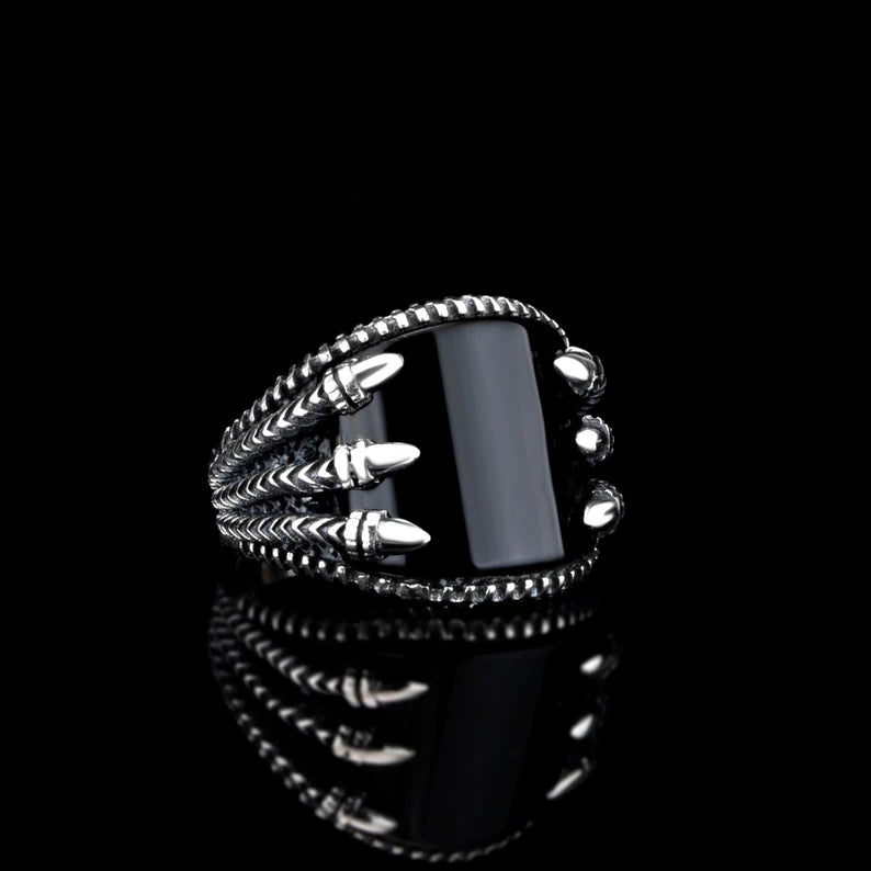 Gental Gems by Karat Kings | Unique Designed Turkish Style Curved Ring with Natural Black Onyx |  Sterling Silver Ring