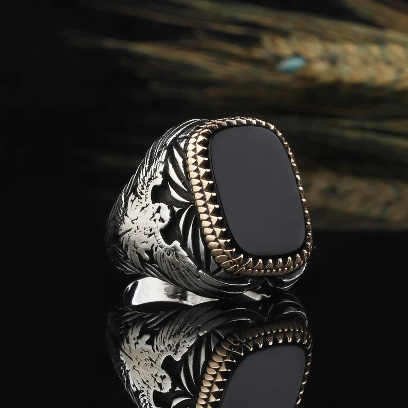 Gental Gems by Karat Kings | Unique  Eagle Designed Turkish Style Ring with Natural Black Onyx | Black Rhodium & Gold Plated  Sterling Silver Ring