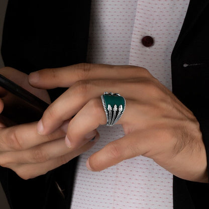 Gental Gems by Karat Kings | Unique Turkish Style Curved Ring with Green Onyx |  Sterling Silver Oxidized Ring | Men's Jewelry | With Certificate of Authenticity and  Hallmark