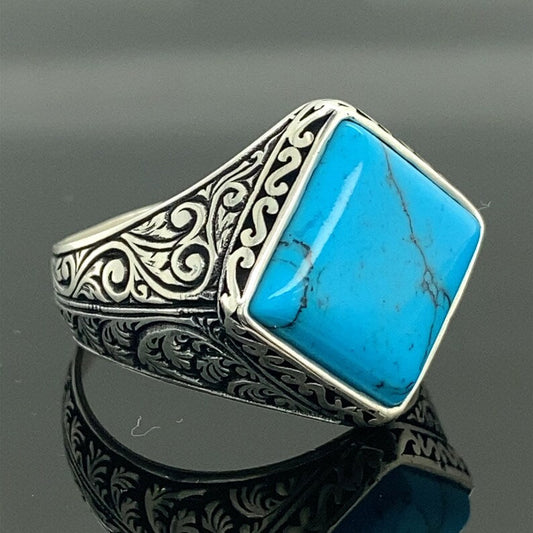 Gental Gems by Karat Kings | Unique Designed Turkish Style Ring with Natural Irani Turquoise (Firoza) |  Sterling Silver Oxidized Ring | Men's Jewelry | With Certificate of Authenticity and  Hallmark