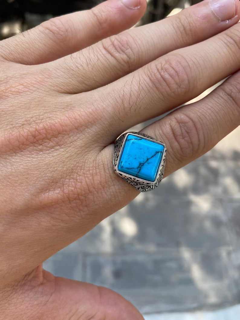 Gental Gems by Karat Kings | Unique Designed Turkish Style Ring with Natural Irani Turquoise (Firoza) |  Sterling Silver Oxidized Ring