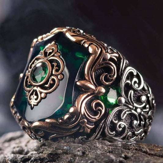 Gental Gems by Karat Kings | Unique Turkish Style Ring with Green Onyx |  Sterling Silver Oxidized Ring | Men's Jewelry | With Certificate of Authenticity and  Hallmark