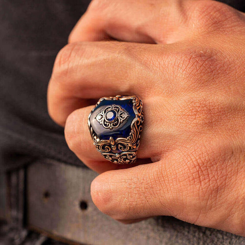 Gental Gems by Karat Kings | Unique Turkish Style Ring with Blue Zircon |  Sterling Silver Oxidized Ring