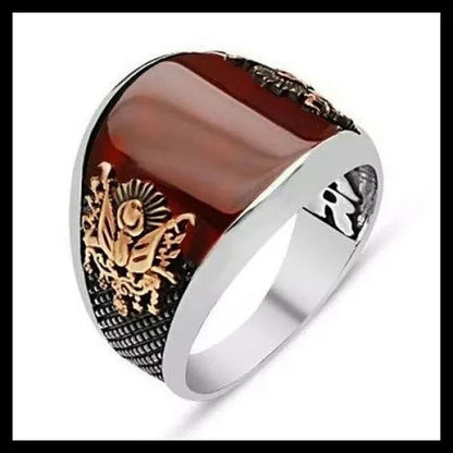 Gental Gems by Karat Kings | Unique Turkish Style Curved Ring with Red Agate |  Sterling Silver Oxidized Ring | Men's Jewelry | With Certificate of Authenticity and  Hallmark
