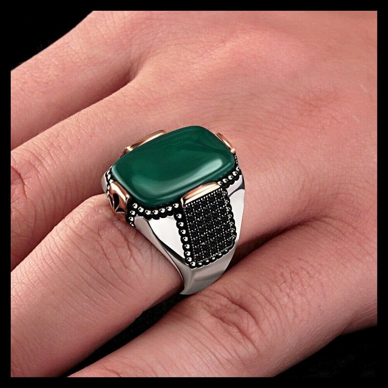 Gental Gems by Karat Kings | Unique Designed Turkish Style Ring with Natural Green Onyx |  Sterling Silver Oxidized Ring