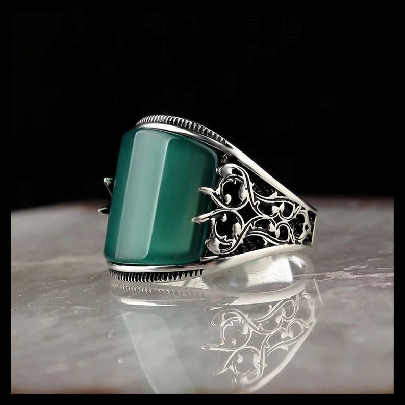 Gental Gems by Karat Kings | Unique Turkish Style Curved Ring with Green Onyx |  Sterling Silver Oxidized Ring