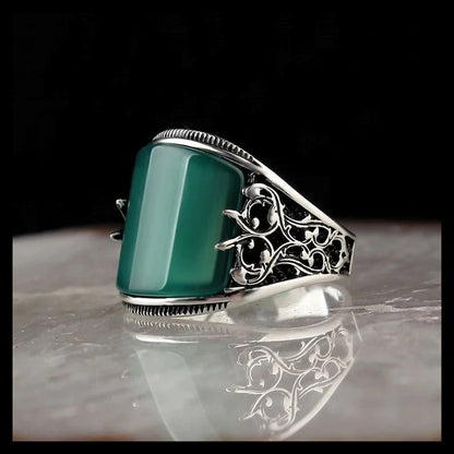 Gental Gems by Karat Kings | Unique Turkish Style Curved Ring with Green Onyx |  Sterling Silver Oxidized Ring