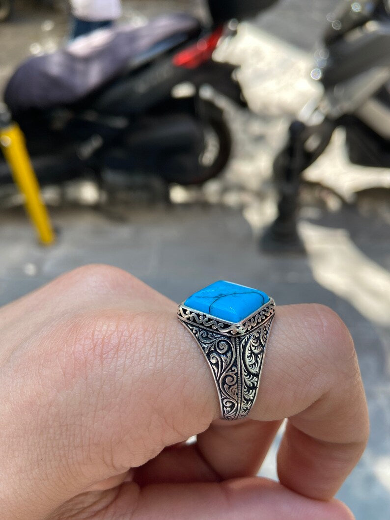 Gental Gems by Karat Kings | Unique Designed Turkish Style Ring with Natural Irani Turquoise (Firoza) |  Sterling Silver Oxidized Ring | Men's Jewelry | With Certificate of Authenticity and  Hallmark