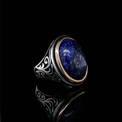 Gental Gems by Karat Kings | Unique Turkish Style Ring with Natural Blue Lapis Lazuli |  Sterling Silver Oxidized Ring