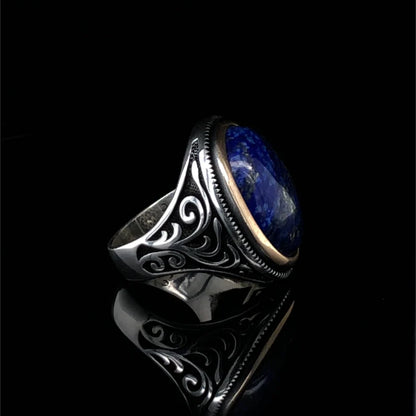 Gental Gems by Karat Kings | Unique Turkish Style Ring with Natural Blue Lapis Lazuli |  Sterling Silver Oxidized Ring