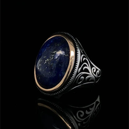 Gental Gems by Karat Kings | Unique Turkish Style Ring with Natural Blue Lapis Lazuli |  Sterling Silver Oxidized Ring