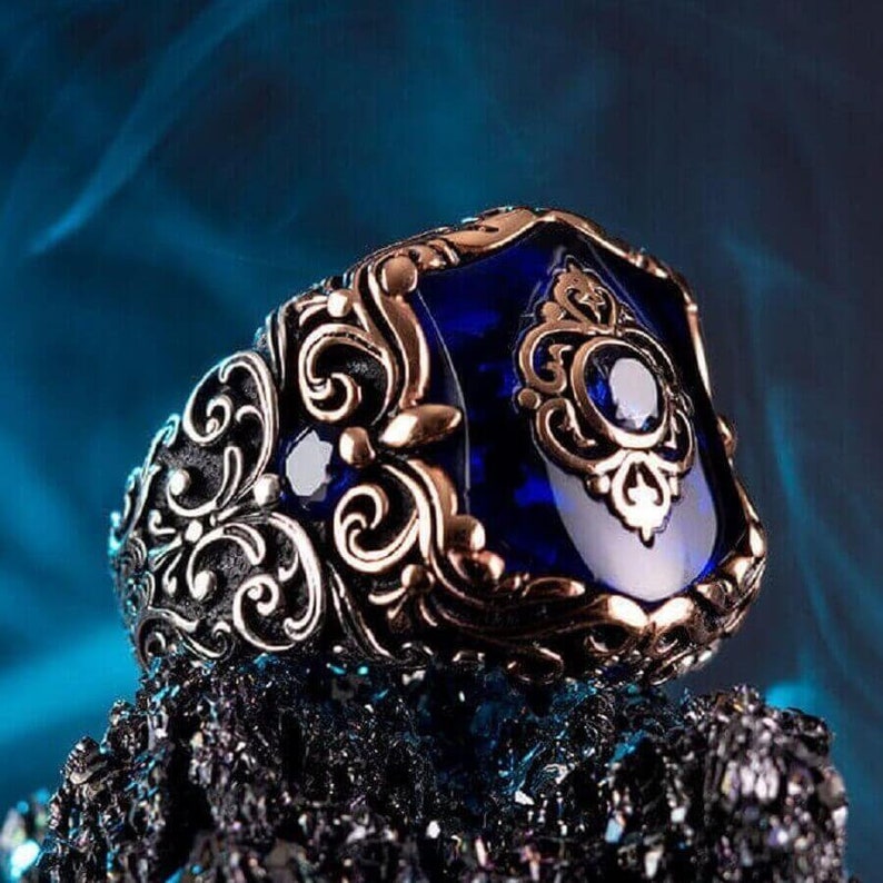 Gental Gems by Karat Kings | Unique Turkish Style Ring with Blue Zircon |  Sterling Silver Oxidized Ring