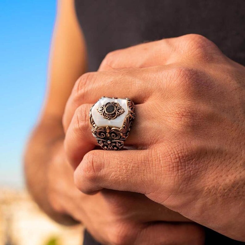 Gental Gems by Karat Kings | Unique Turkish Style Ring with Natural Pearl |  Sterling Silver Oxidized Ring