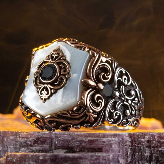 Gental Gems by Karat Kings | Unique Turkish Style Ring with Natural Pearl |  Sterling Silver Oxidized Ring | Men's Jewelry | With Certificate of Authenticity and  Hallmark